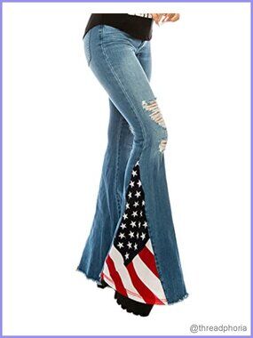 High Waisted Ripped Flag Bell Bottom Jeans Frayed Hem Stretch Denim